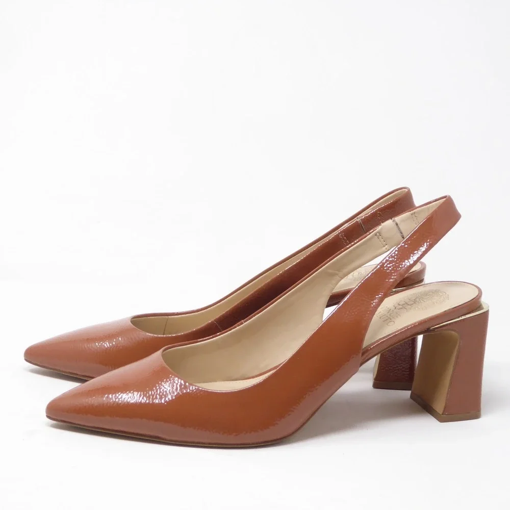 Vince Camuto Hamden Women Slingback Pumps Brown Patent Pointed Toe Block Heel 10
